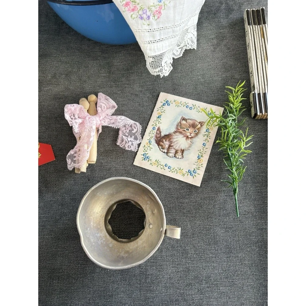 Vintage Primitive Curated Vignette Enamel, Book, Linen, Greenery, Cat Ephemera‎